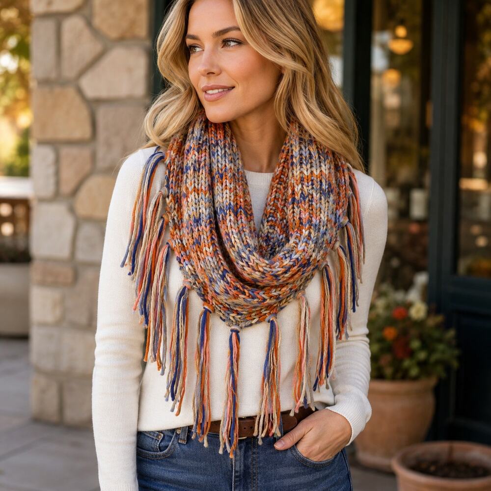 BCBGenerations Multicolored Marled Chunky Knit Fringe Tassle Scarf Cowl Y2k